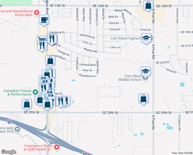 map of restaurants, bars, coffee shops, grocery stores, and more near 9504 Peachtree Lane in Midwest City