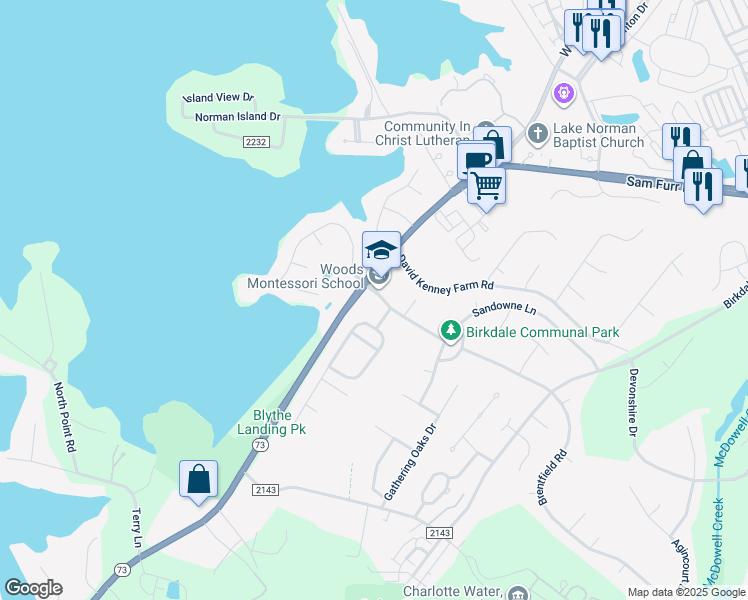 map of restaurants, bars, coffee shops, grocery stores, and more near 15112 Norman View Lane in Huntersville