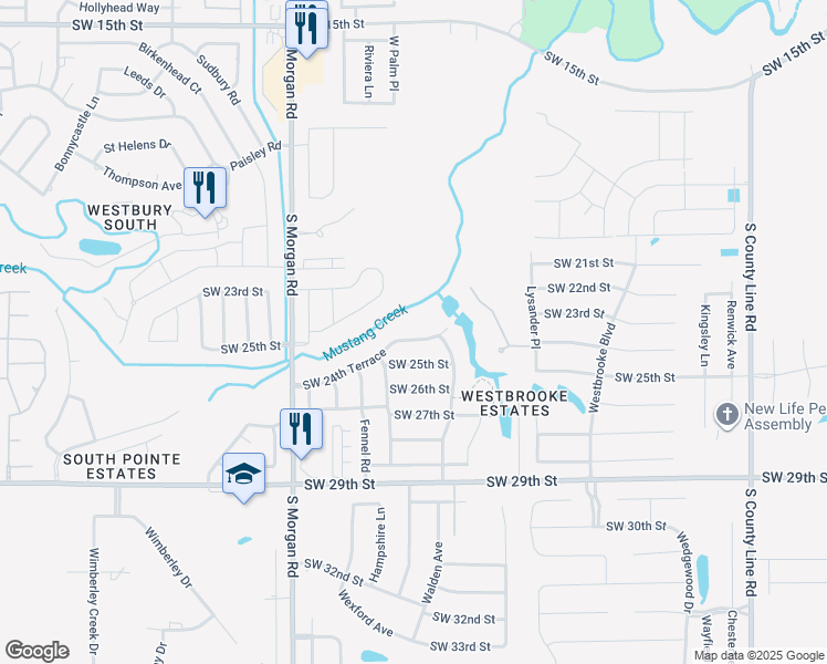 map of restaurants, bars, coffee shops, grocery stores, and more near 9529 Southwest 24th Terrace in Oklahoma City