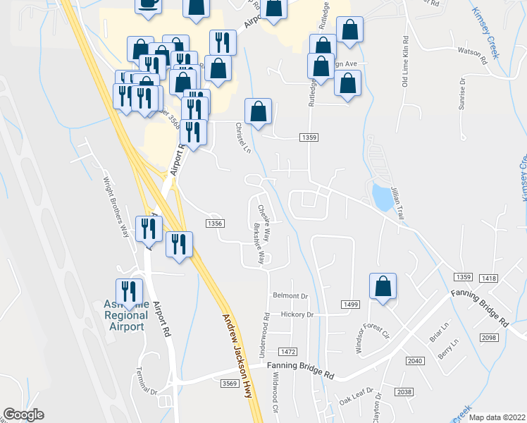map of restaurants, bars, coffee shops, grocery stores, and more near 185 Chesire Way in Fletcher