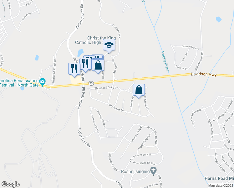 map of restaurants, bars, coffee shops, grocery stores, and more near 1839 Rustic Barn Drive in Huntersville