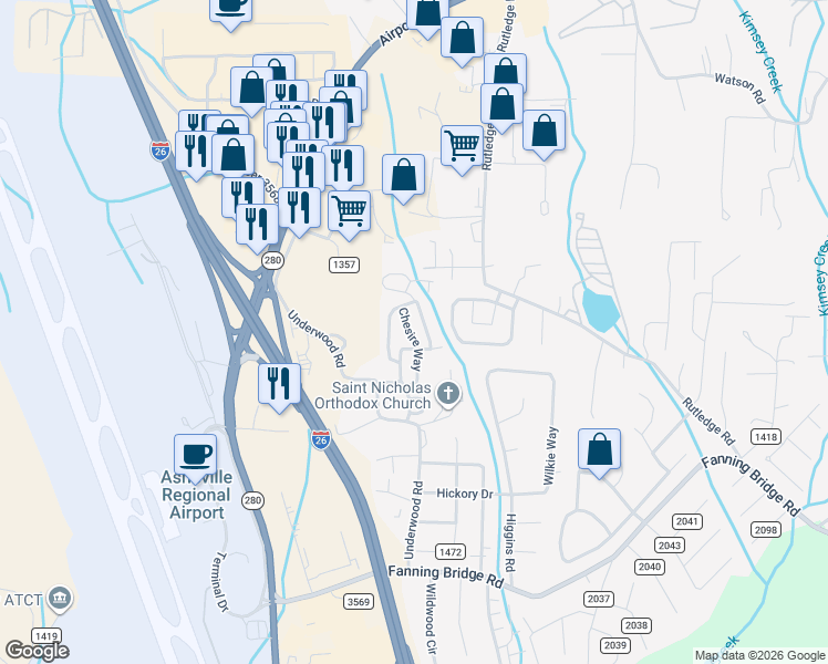 map of restaurants, bars, coffee shops, grocery stores, and more near 174 Farington Circle in Fletcher
