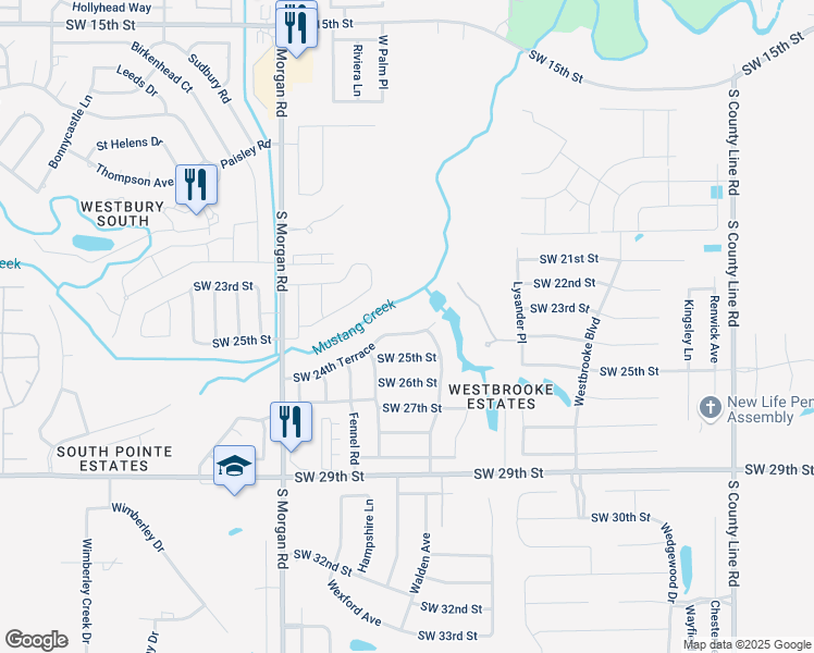 map of restaurants, bars, coffee shops, grocery stores, and more near 9525 Southwest 24th Terrace in Oklahoma City