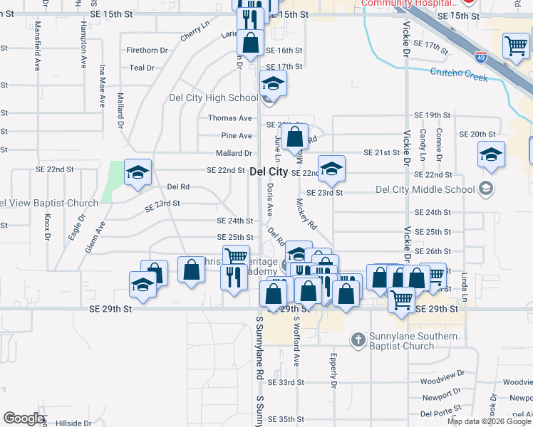 map of restaurants, bars, coffee shops, grocery stores, and more near 2404 McCracken Drive in Del City