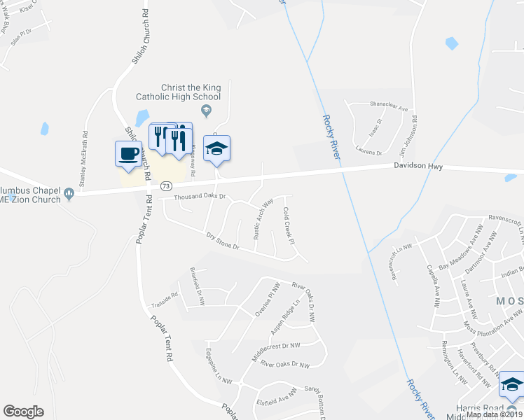 map of restaurants, bars, coffee shops, grocery stores, and more near 10900 Rustic Barn Drive in Huntersville