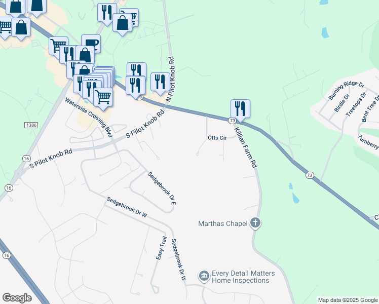 map of restaurants, bars, coffee shops, grocery stores, and more near 7668 Otts Circle in Stanley