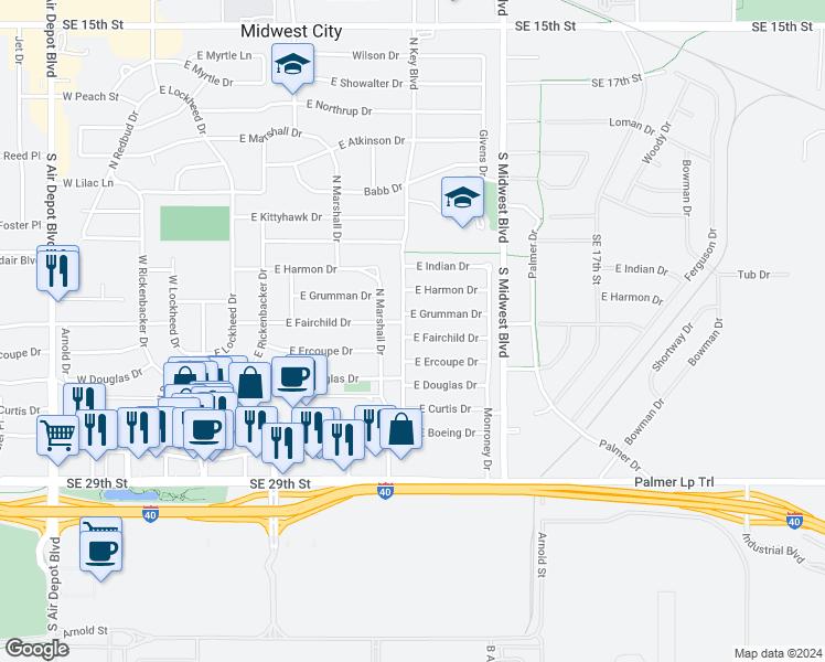 map of restaurants, bars, coffee shops, grocery stores, and more near 503 East Fairchild Drive in Midwest City