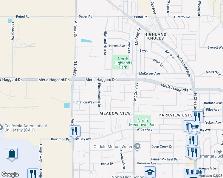map of restaurants, bars, coffee shops, grocery stores, and more near 634 Blue Mountain Way in Bakersfield