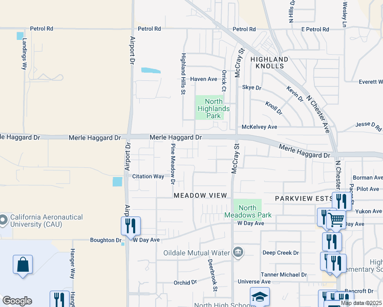map of restaurants, bars, coffee shops, grocery stores, and more near 634 Blue Mountain Way in Bakersfield