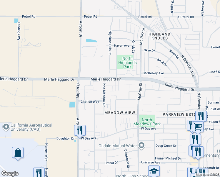 map of restaurants, bars, coffee shops, grocery stores, and more near 634 Blue Mountain Way in Bakersfield