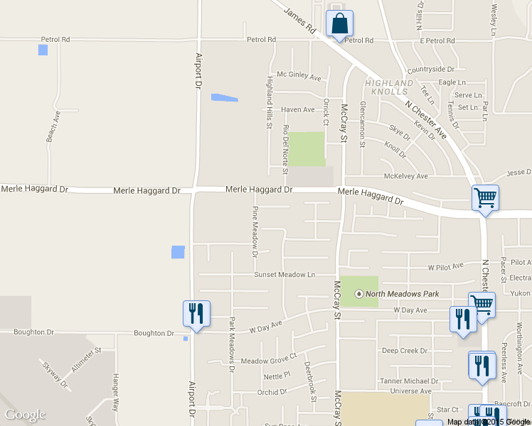 map of restaurants, bars, coffee shops, grocery stores, and more near 634 Blue Mountain Way in Bakersfield