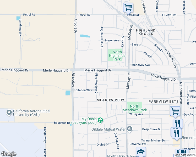 map of restaurants, bars, coffee shops, grocery stores, and more near 3803 Pine Meadow Drive in Bakersfield
