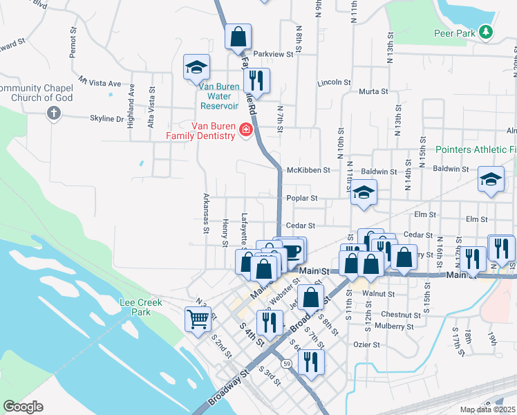 map of restaurants, bars, coffee shops, grocery stores, and more near 230 Lafayette Street in Van Buren