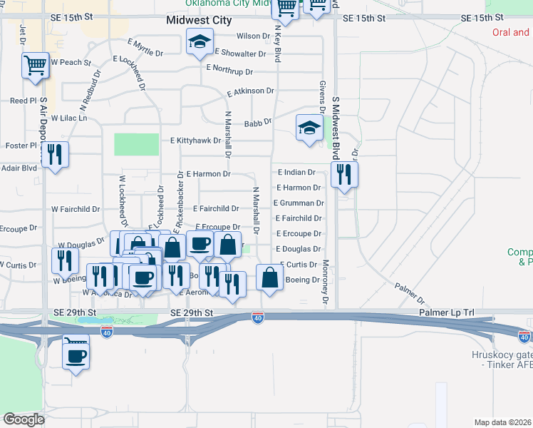 map of restaurants, bars, coffee shops, grocery stores, and more near 502 East Grumman Drive in Midwest City