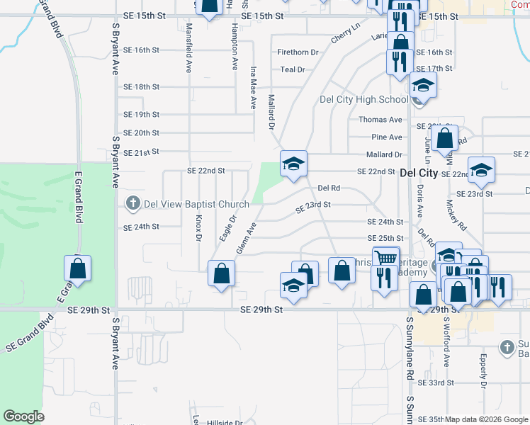 map of restaurants, bars, coffee shops, grocery stores, and more near 3698 Del Road in Del City