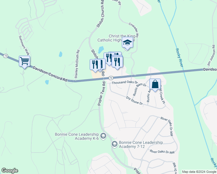 map of restaurants, bars, coffee shops, grocery stores, and more near 11069 Dry Stone Drive in Huntersville
