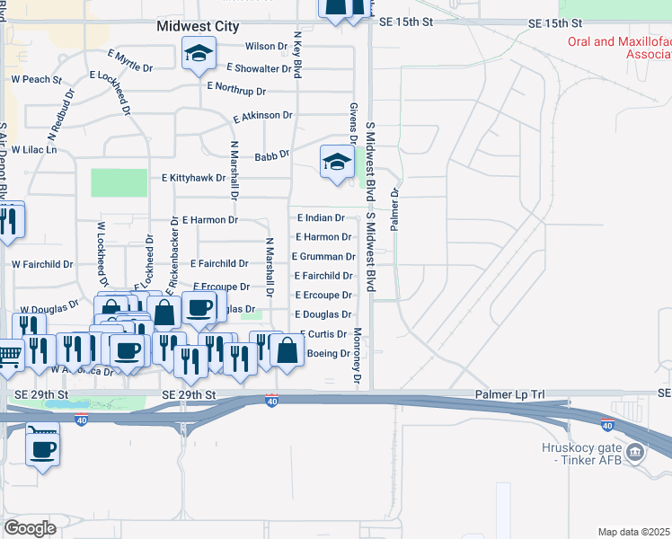 map of restaurants, bars, coffee shops, grocery stores, and more near 521 East Grumman Drive in Midwest City
