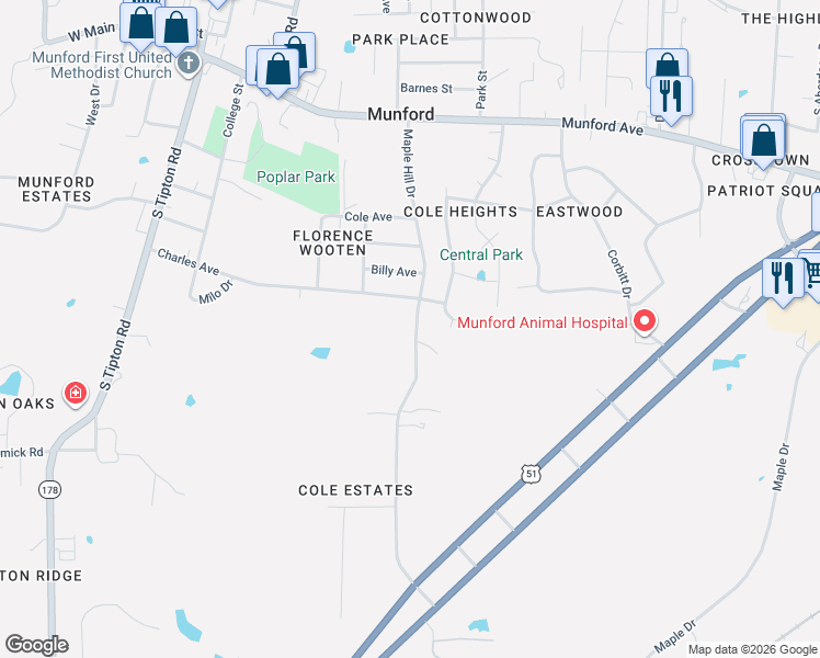 map of restaurants, bars, coffee shops, grocery stores, and more near 431 Maple Hill Drive in Munford