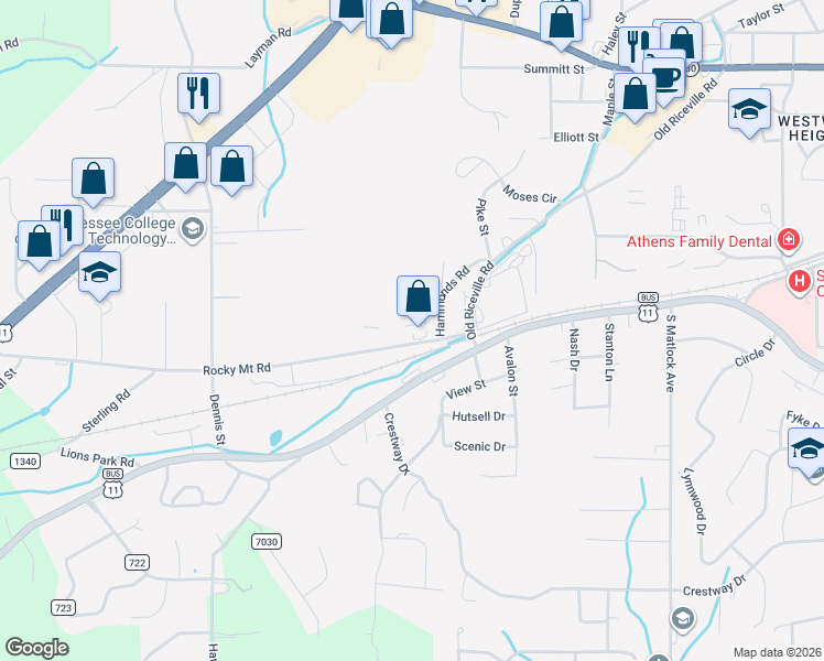 map of restaurants, bars, coffee shops, grocery stores, and more near 115 Rocky Mount Road in Athens
