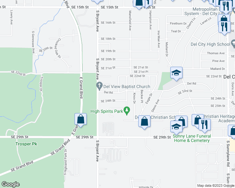 map of restaurants, bars, coffee shops, grocery stores, and more near 3300 Del Road in Del City