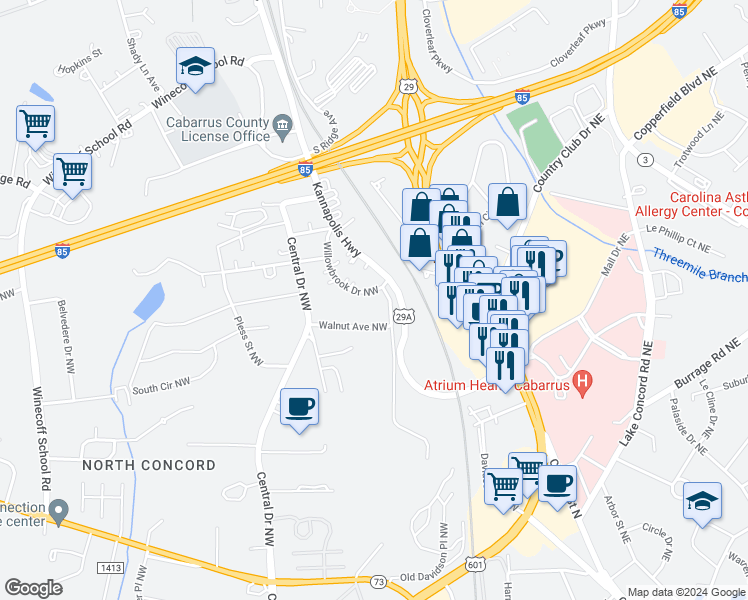 map of restaurants, bars, coffee shops, grocery stores, and more near 40 Willowbrook Drive Northwest in Concord