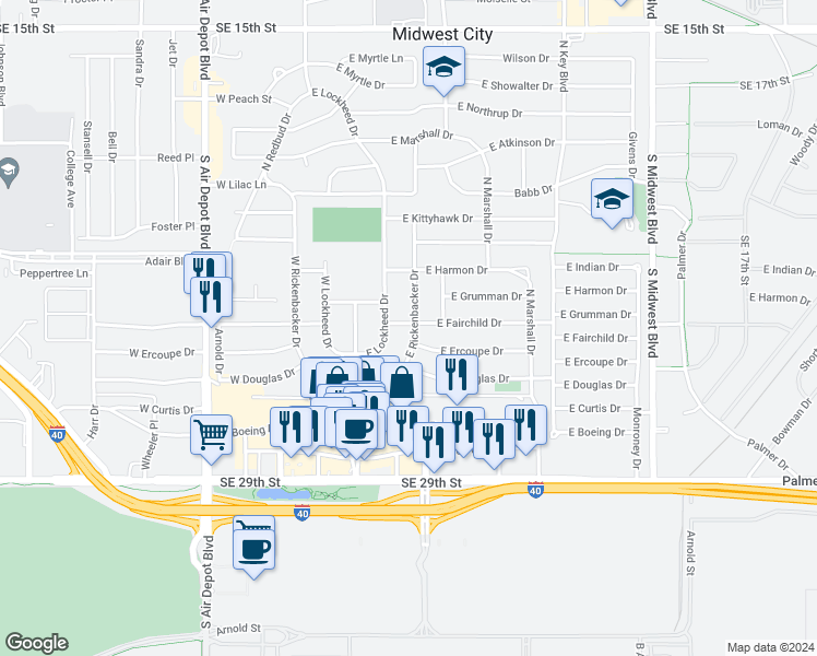 map of restaurants, bars, coffee shops, grocery stores, and more near 407 East Rickenbacker Drive in Midwest City
