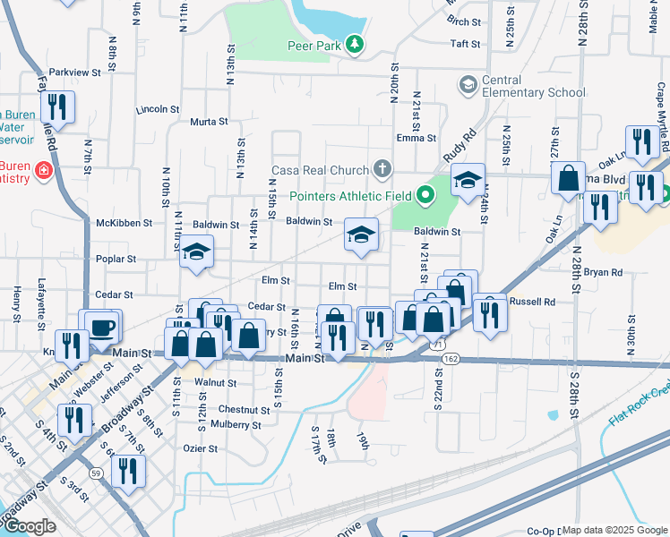 map of restaurants, bars, coffee shops, grocery stores, and more near 1705 Poplar Street in Van Buren