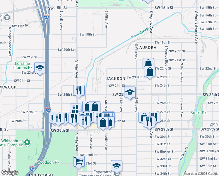 map of restaurants, bars, coffee shops, grocery stores, and more near 2645 Southwest 24th Street in Oklahoma City