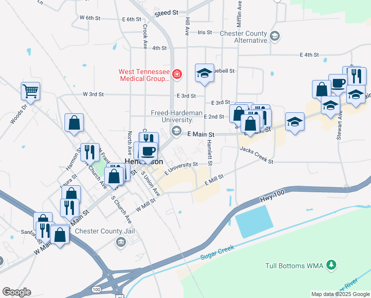 map of restaurants, bars, coffee shops, grocery stores, and more near 158 East Main Street in Henderson