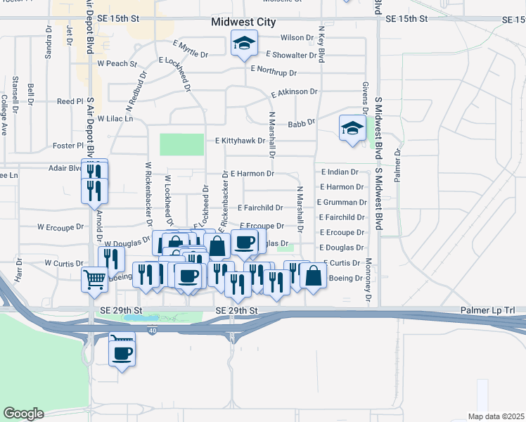 map of restaurants, bars, coffee shops, grocery stores, and more near 310 East Fairchild Drive in Midwest City