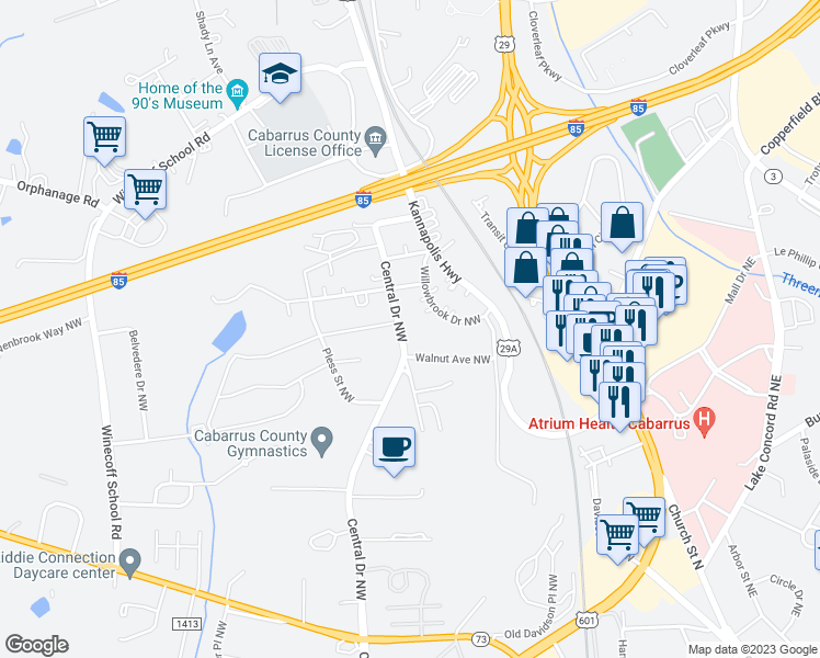 map of restaurants, bars, coffee shops, grocery stores, and more near 1178 Central Drive Northwest in Kannapolis
