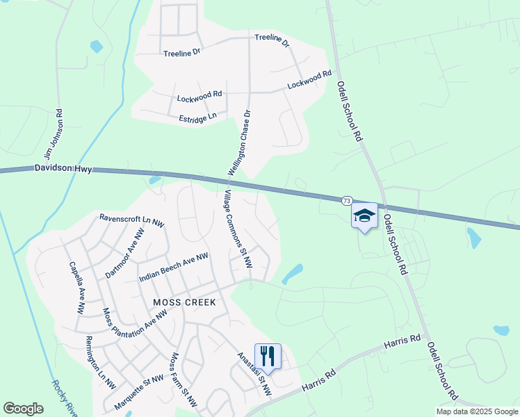 map of restaurants, bars, coffee shops, grocery stores, and more near 2033 Cypress Village Drive Northwest in Concord