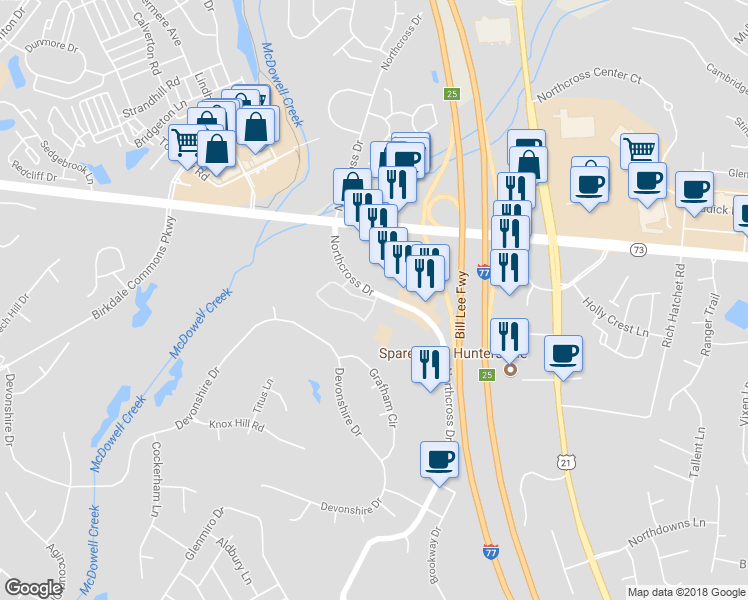map of restaurants, bars, coffee shops, grocery stores, and more near 8712 Pinnacle Cross Drive in Huntersville