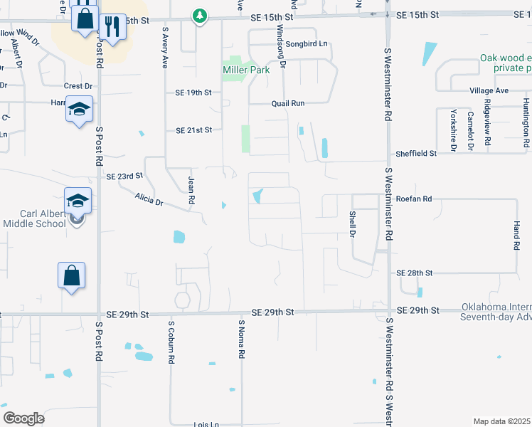 map of restaurants, bars, coffee shops, grocery stores, and more near 10412 Southeast 25th Street in Oklahoma City
