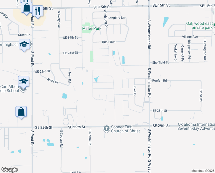 map of restaurants, bars, coffee shops, grocery stores, and more near 10412 Southeast 25th Street in Oklahoma City