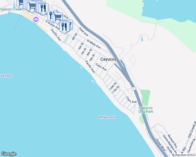 map of restaurants, bars, coffee shops, grocery stores, and more near 1136 Pacific Avenue in Cayucos