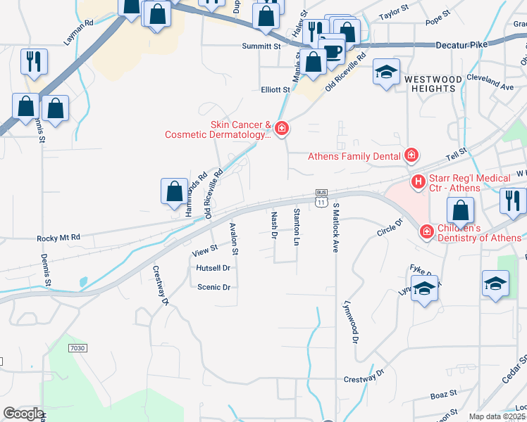 map of restaurants, bars, coffee shops, grocery stores, and more near 1507 West Madison Avenue in Athens