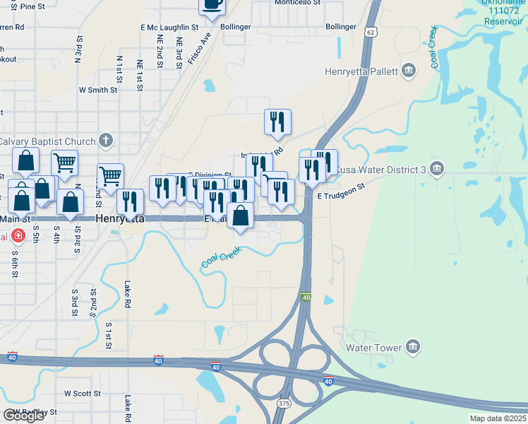 map of restaurants, bars, coffee shops, grocery stores, and more near 705 East Trudgeon Street in Henryetta
