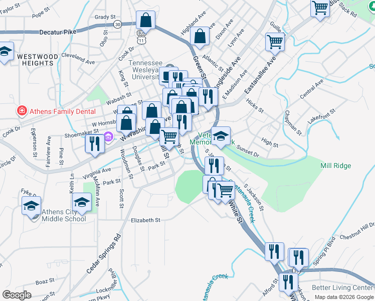 map of restaurants, bars, coffee shops, grocery stores, and more near 4 Park Street in Athens