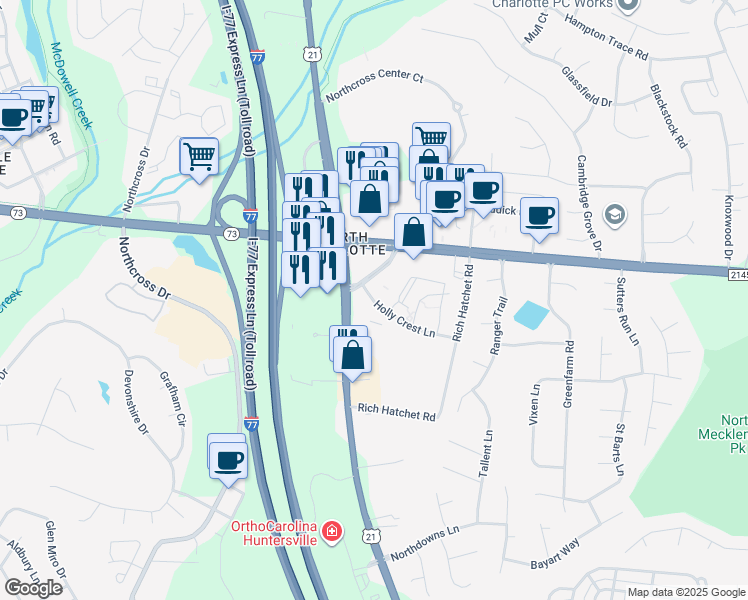map of restaurants, bars, coffee shops, grocery stores, and more near 16408 Holly Crest Lane in Huntersville