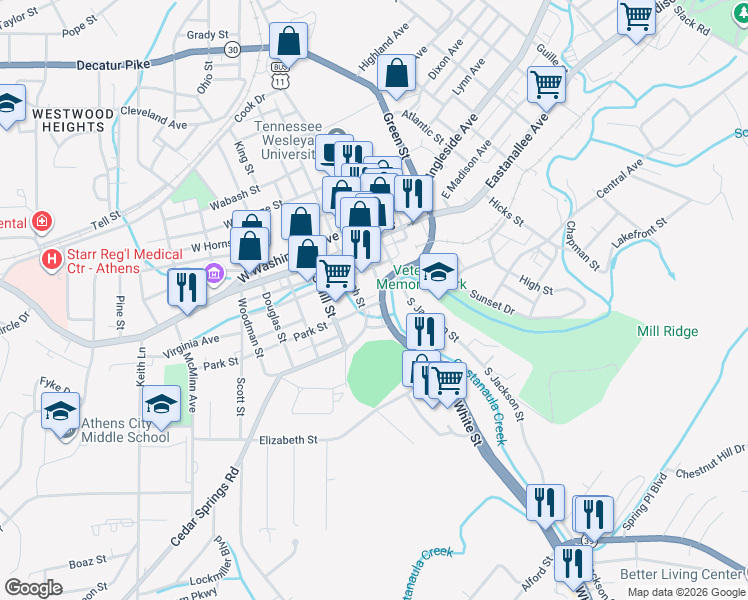 map of restaurants, bars, coffee shops, grocery stores, and more near 100 South White Street in Athens