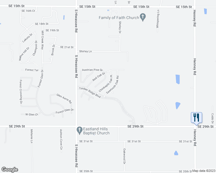 map of restaurants, bars, coffee shops, grocery stores, and more near 13140 Chinkapin Oak Place in Choctaw