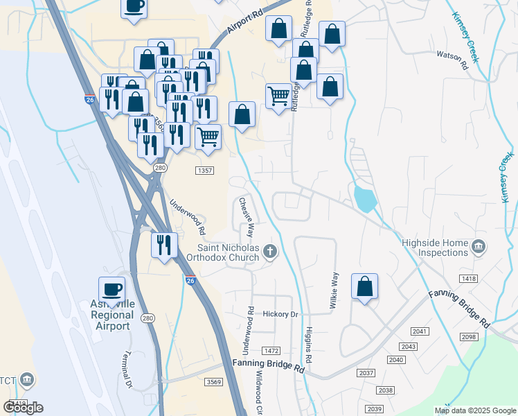 map of restaurants, bars, coffee shops, grocery stores, and more near 70 Farington Circle in Fletcher