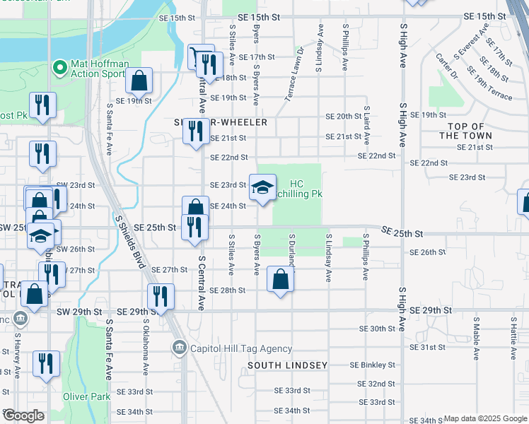 map of restaurants, bars, coffee shops, grocery stores, and more near 501 Southeast 25th Street in Oklahoma City