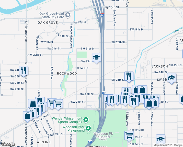 map of restaurants, bars, coffee shops, grocery stores, and more near 3129 Southwest 25th Street in Oklahoma City