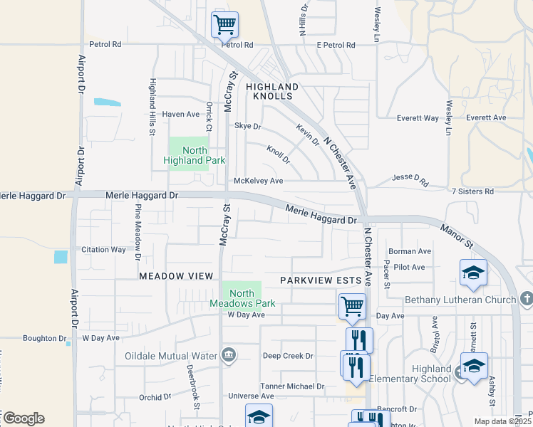 map of restaurants, bars, coffee shops, grocery stores, and more near 3727 Park Mountain Drive in Bakersfield