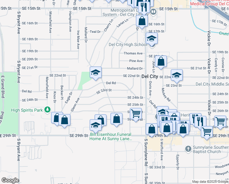 map of restaurants, bars, coffee shops, grocery stores, and more near 4000 Southeast 23rd Street in Del City
