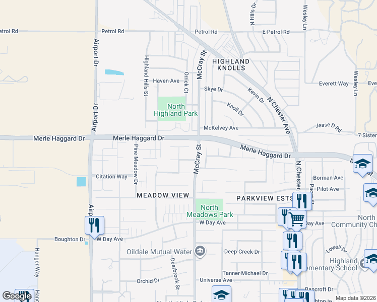map of restaurants, bars, coffee shops, grocery stores, and more near 521 Blue Meadow Court in Bakersfield