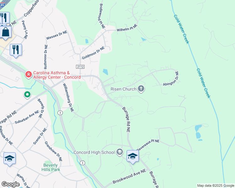 map of restaurants, bars, coffee shops, grocery stores, and more near Williamsburg Court Northeast in Concord