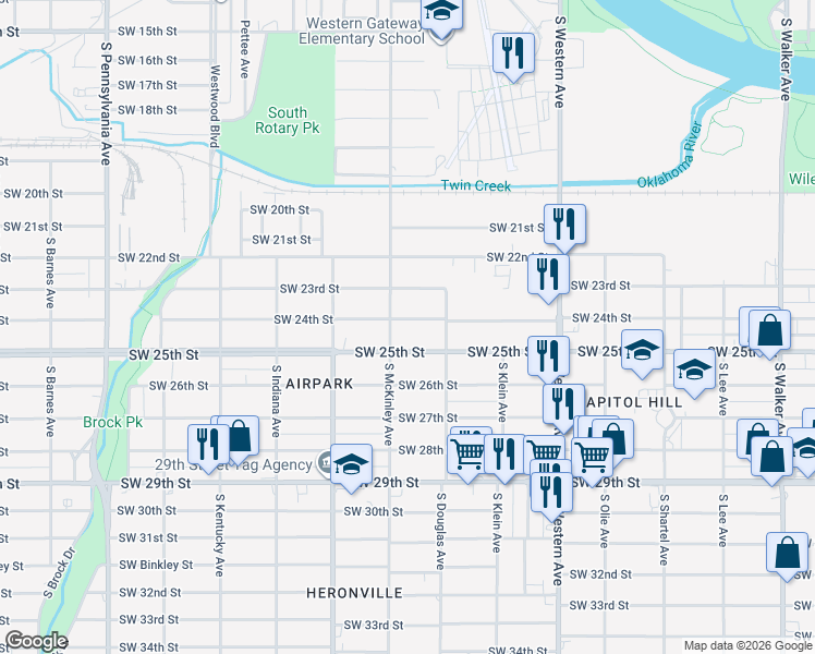 map of restaurants, bars, coffee shops, grocery stores, and more near 1128 Southwest 24th Street in Oklahoma City